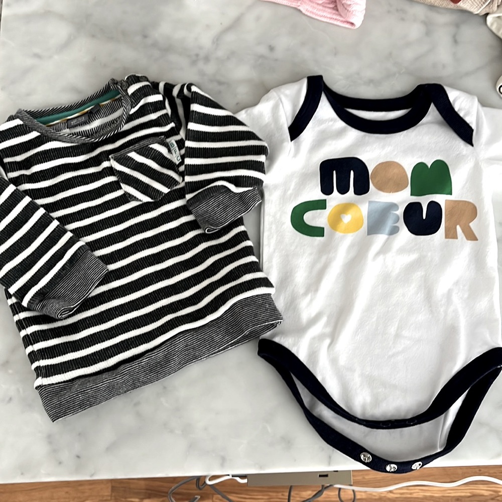 Baby face sweater (3M) and Mon Coeur short sleeve body suit (3-6M)